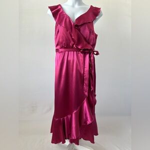 NWT! Fuchsia Pink Satin Wrap Dress By Little Mistress, Spring Wedding! Size. 10